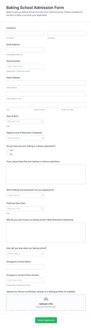Baking School Admission Form Template
