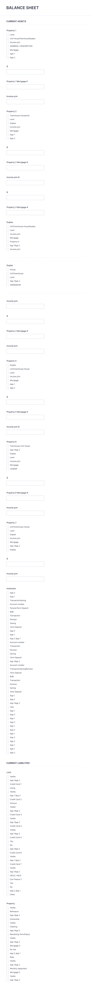 Balance Sheet Form Template
