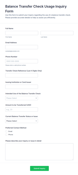 Balance Transfer Check Usage Inquiry Form Template