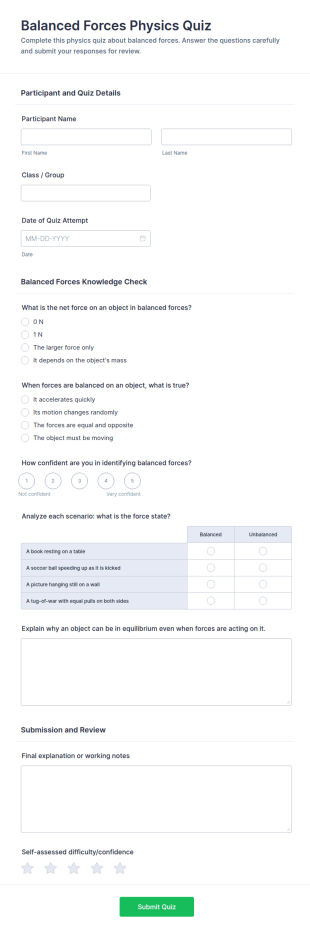 Balanced Forces Physics Quiz Form Template