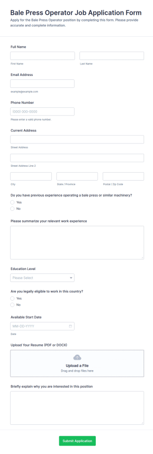 Bale Press Operator Job Application Form Template