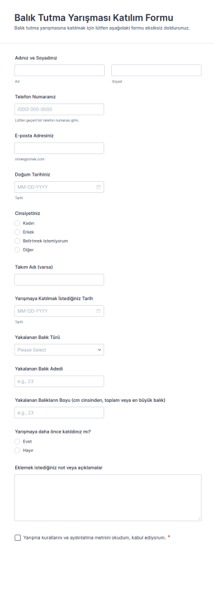 Balık Tutma Yarışması Katılım Form Şablonu