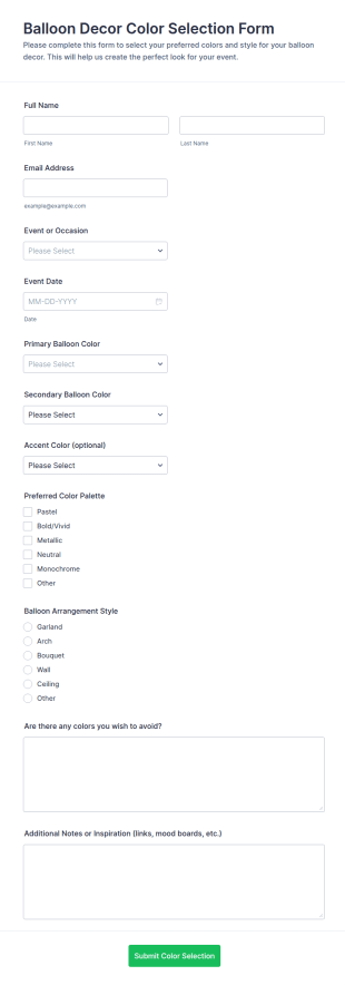 Balloon Decor Color Selection Form Template