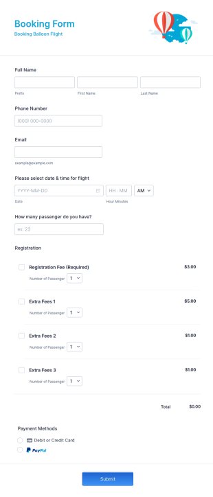 Balloon Flights Booking Form Template