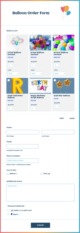 Balloon Order Form Template