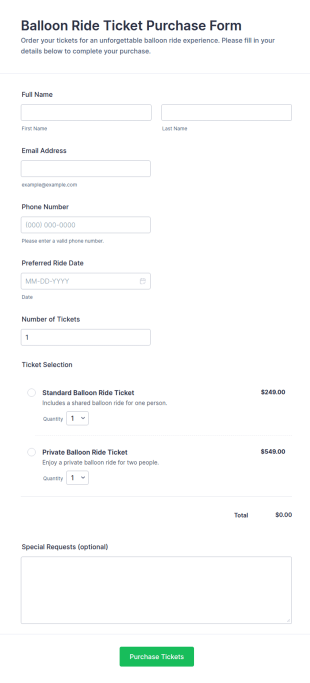 Balloon Ride Ticket Purchase Form Template