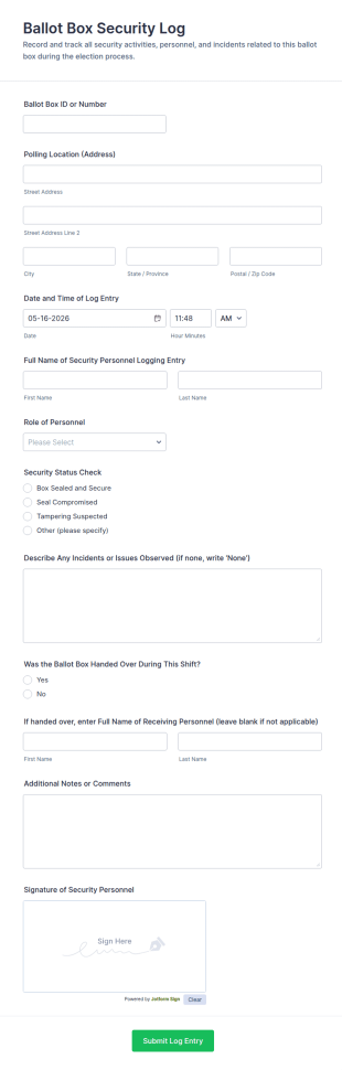 Ballot Box Security Log Form Template