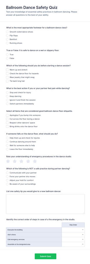 Ballroom Dance Safety Quiz Form Template