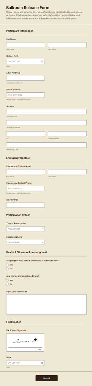 Ballroom Release Form Template