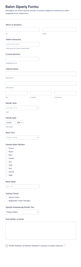 Balon Sipariş Formu 🎈 Form Şablonu