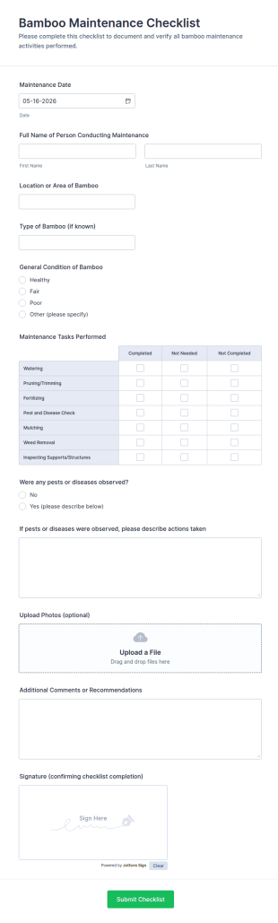 Bamboo Maintenance Checklist Form Template