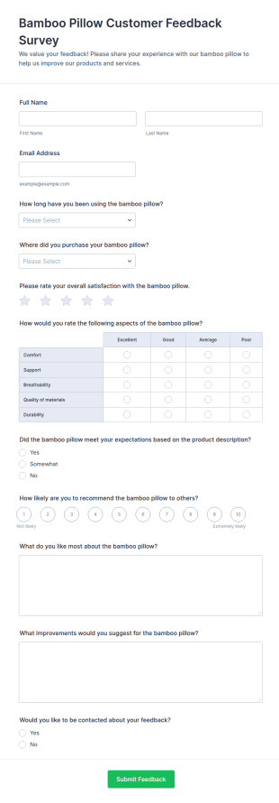 Bamboo Pillow Customer Feedback Survey Form Template