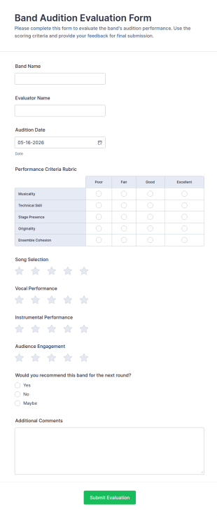 Band Audition Evaluation Form Template