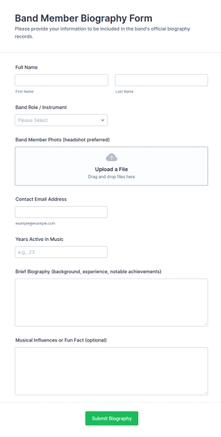 Band Member Biography Form Template