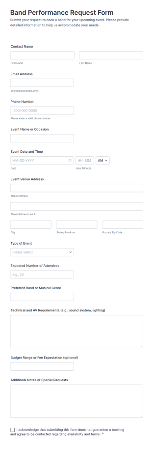 Band Performance Request Form Template