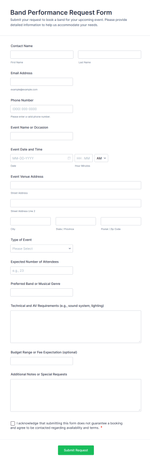 Band Performance Request Form Template