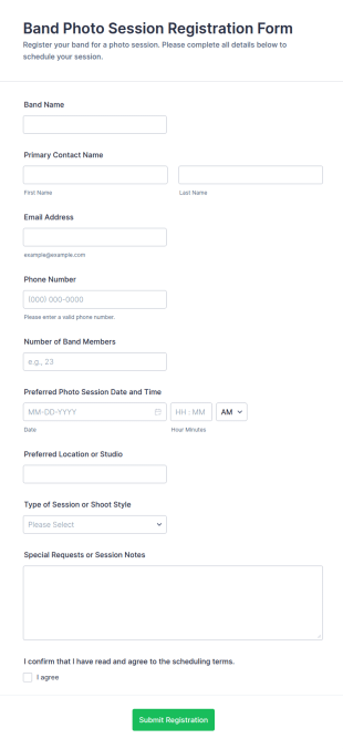 Band Photo Session Registration Form Template
