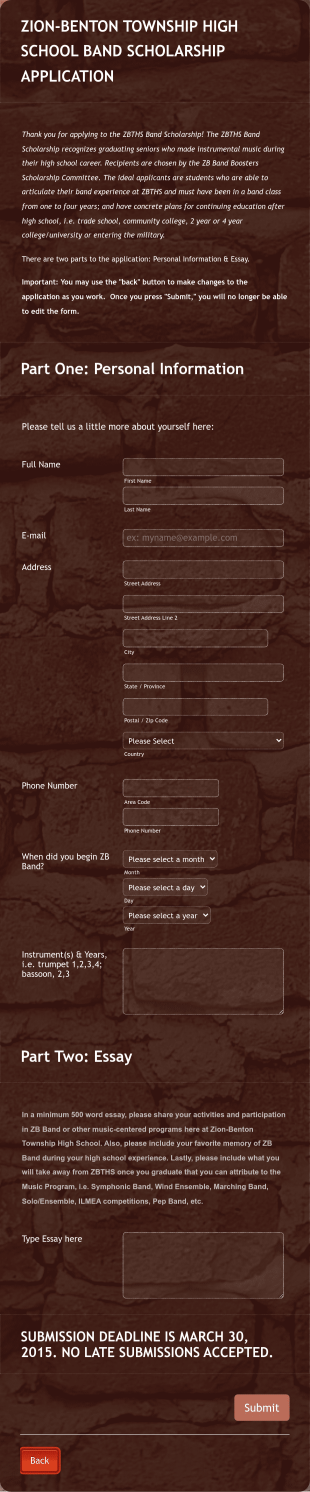 Band Scholarship Application Form Template