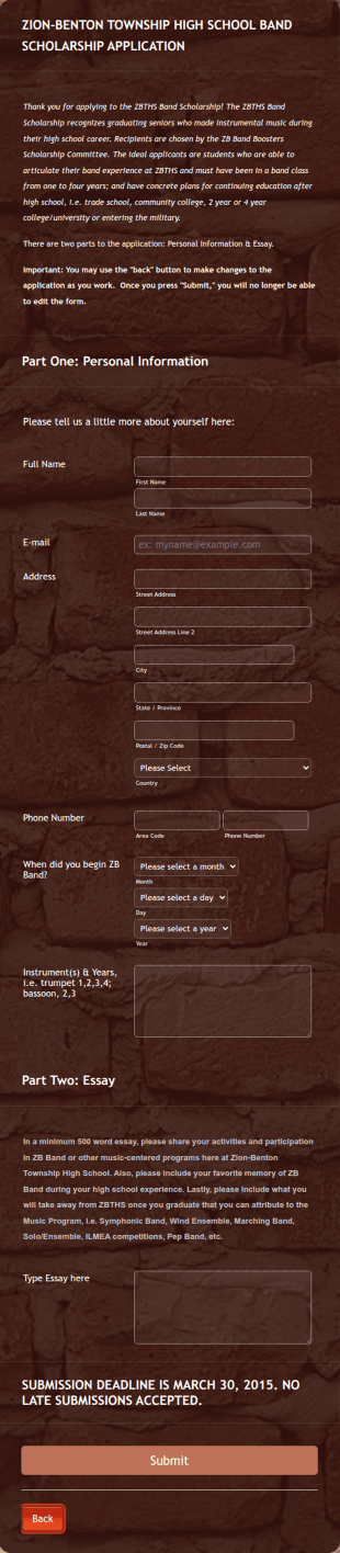 Band Scholarship Application Form Template