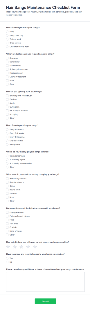 Bangs Maintenance Checklist Form Template