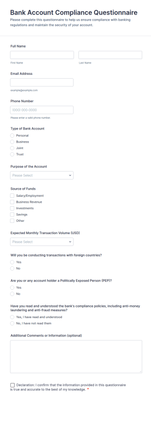 Bank Account Compliance Questionnaire Form Template