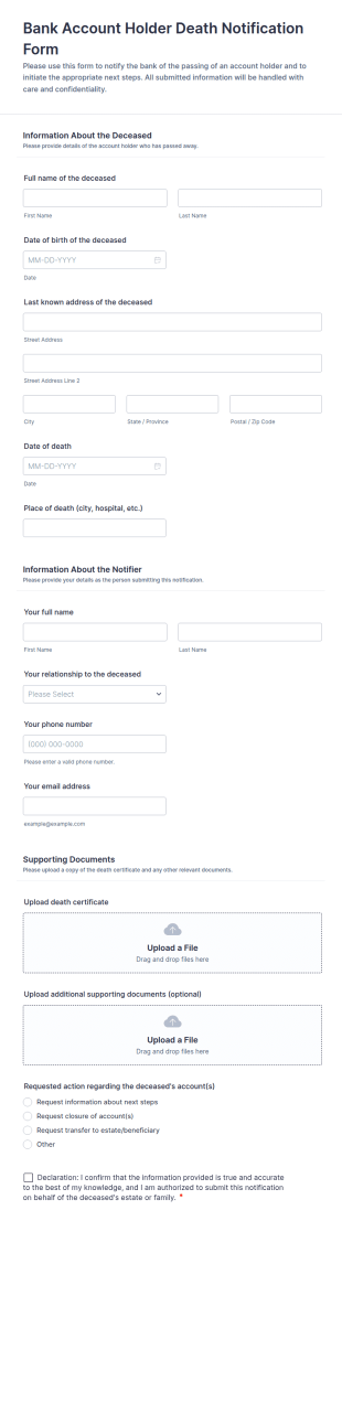 Bank Account Holder Death Notification Form Template