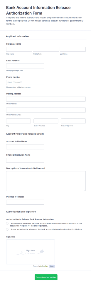 Bank Account Information Release Authorization Form Template
