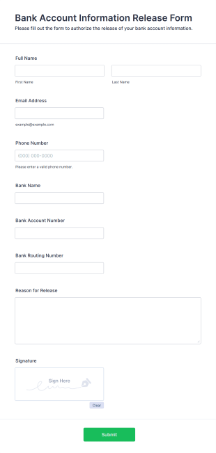 Bank Account Information Release Form Template