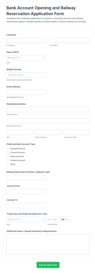 Bank Account Opening And Railway Reservation Form Template