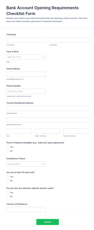 Bank Account Opening Requirements Checklist Form Template