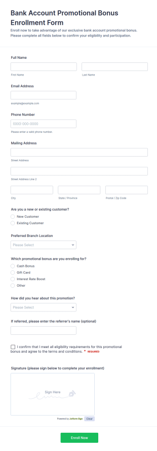 Bank Account Promotional Bonus Enrollment Form Template