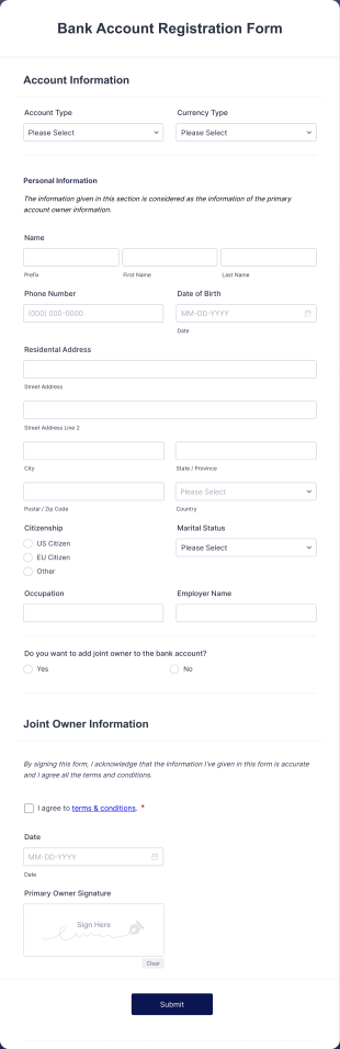 Bank Account Registration Form Template