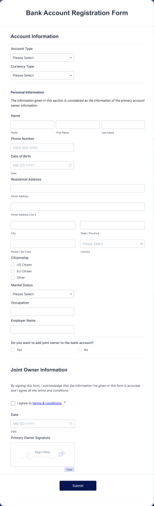 Bank Account Registration Form Template