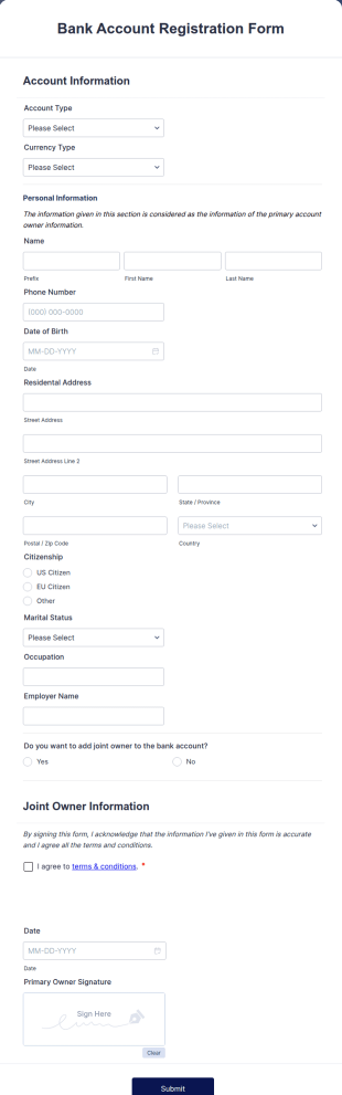 Bank Account Registration Form Template