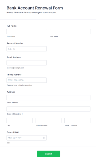 Bank Account Renewal Form Form Template