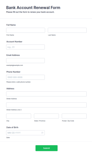 Bank Account Renewal Form Template