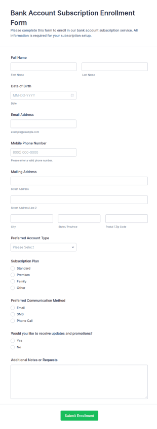 Bank Account Subscription Enrollment Form Template