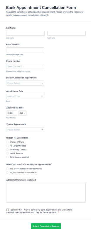 Bank Appointment Cancellation Form Template