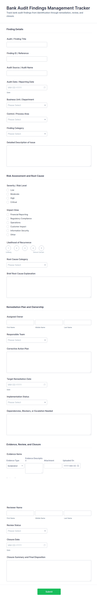 Bank Audit Findings Management Tracker Form Template