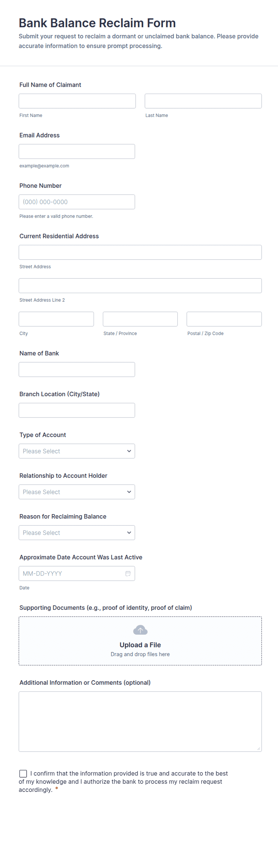 Bank Balance Reclaim Form Template | Jotform