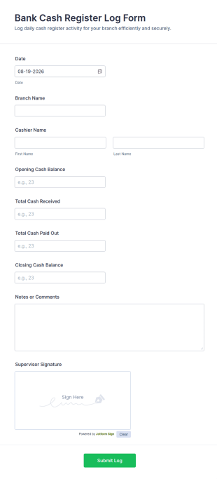 Bank Cash Register Log Form Template