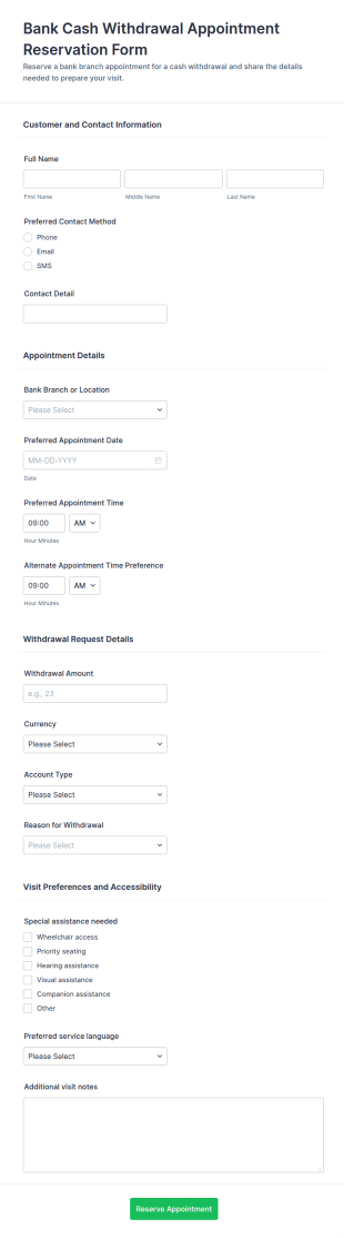 Bank Cash Withdrawal Appointment Reservation Form Template
