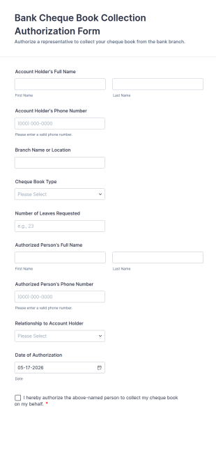 Bank Cheque Book Collection Authorization Form Template