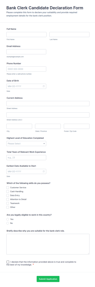 Bank Clerk Candidate Declaration Form Template