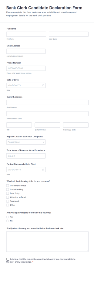 Bank Clerk Candidate Declaration Form Template