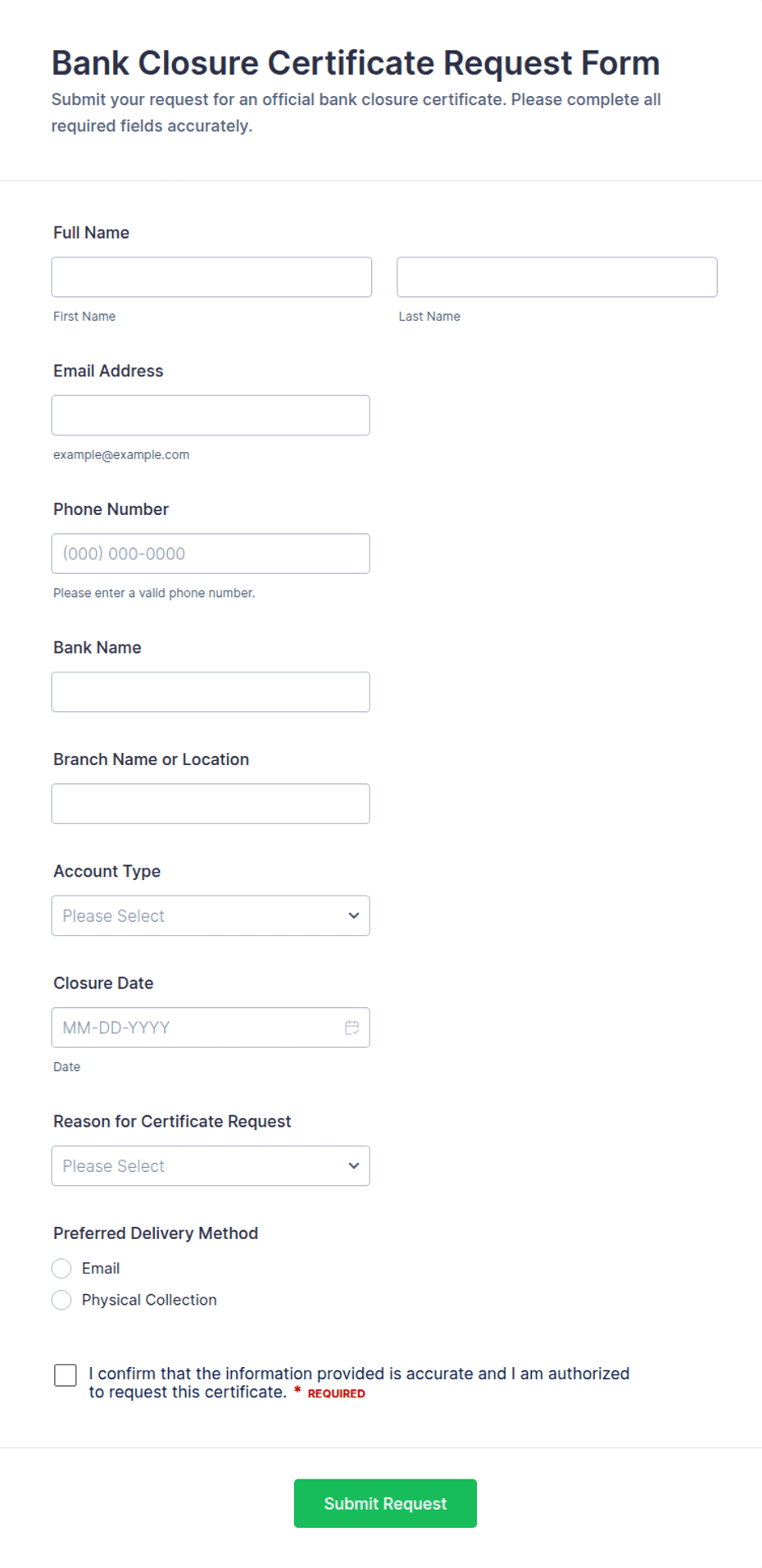 Bank Closure Certificate Request Form Template | Jotform