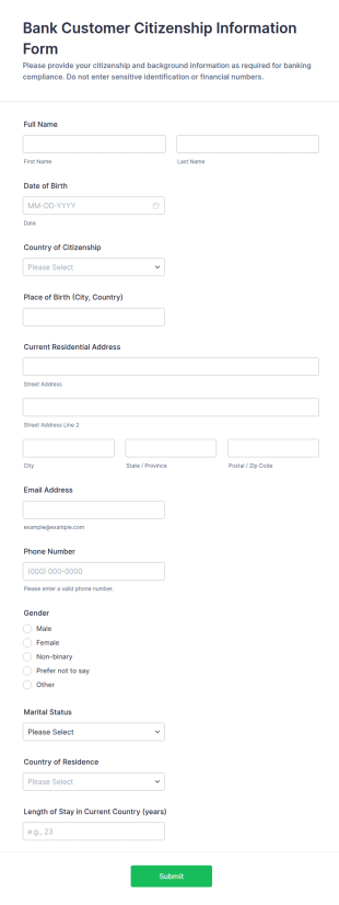 Bank Customer Citizenship Information Form Template