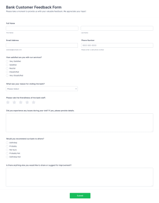 Bank Customer Feedback Form Template