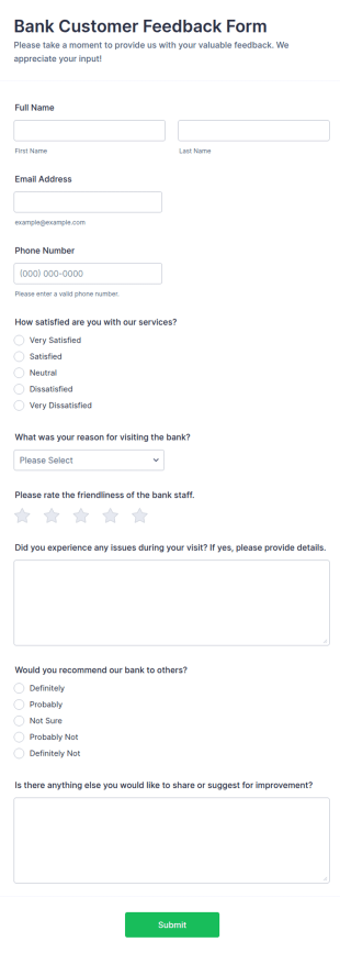 Bank Customer Feedback Form Template
