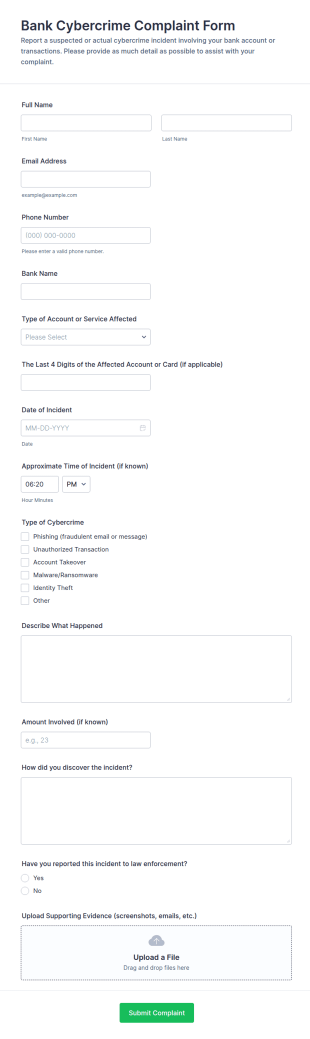 Bank Cybercrime Complaint Form Template